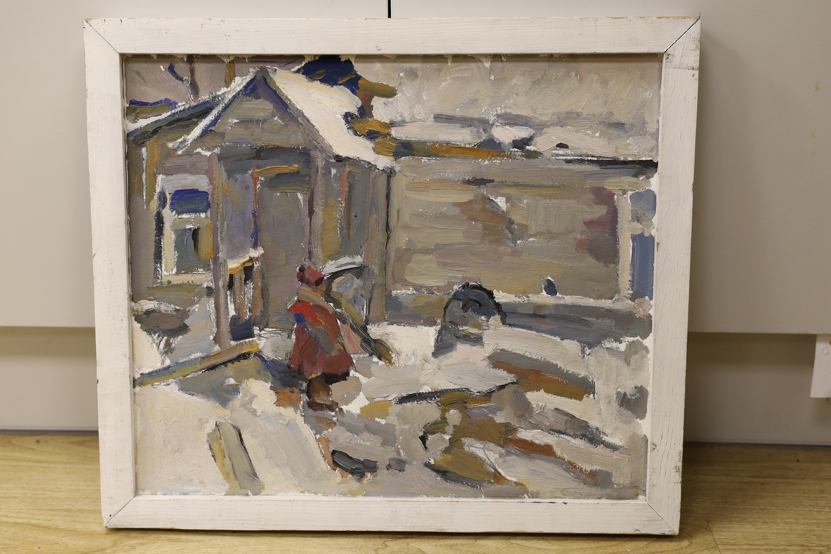 1960's Russian School, oil on card, Figures in the snow, inscribed and dated verso, 40 x 47cm